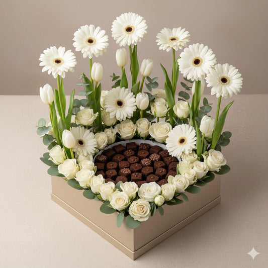 Fresh white flowers with chocolate arrangements UAE